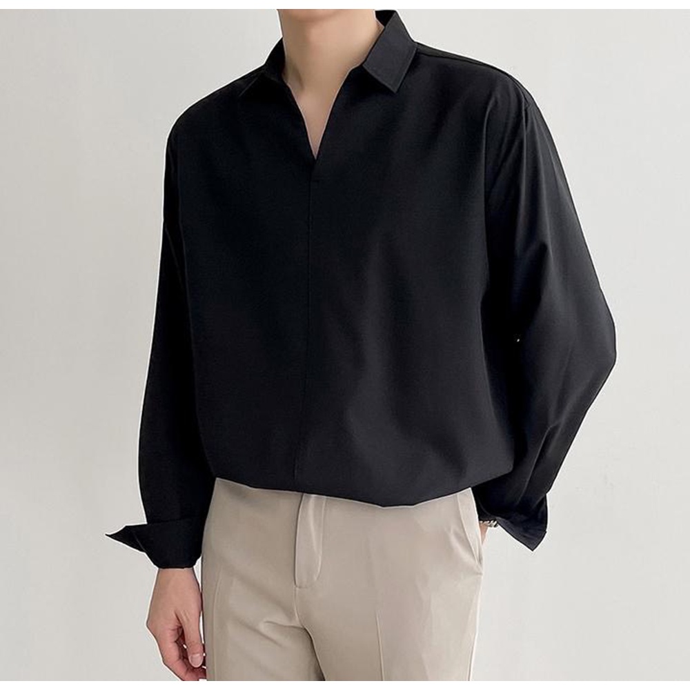 Sơ mi nam cổ chữ V, form rộng Unisex nam nữ tay dài không có khuy phong cách Hàn Quốc AUTOMAN A67