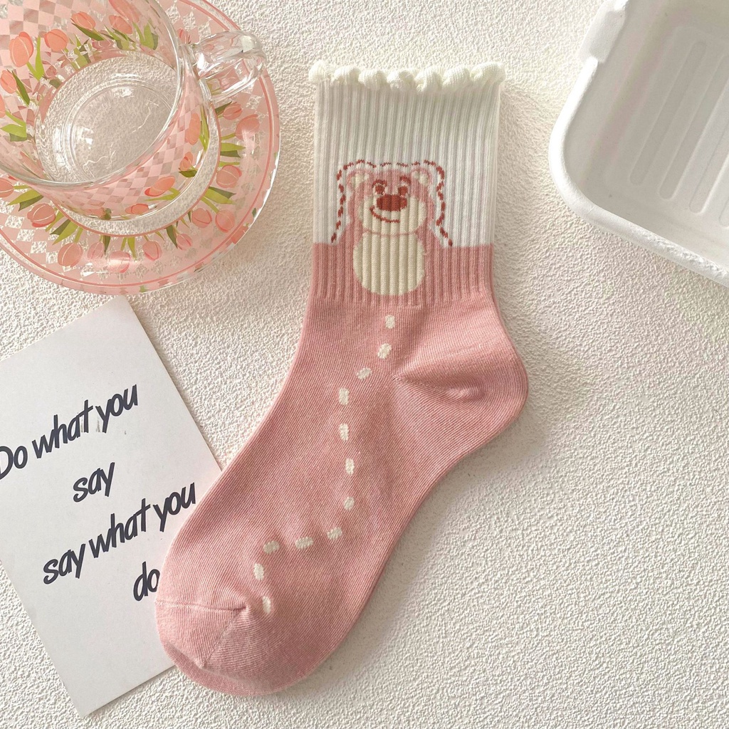 Vớ Thu Đông Màu Hồng In Hình Gấu Dễ Thương Phong Cách Hàn Quốc Cho Nữ