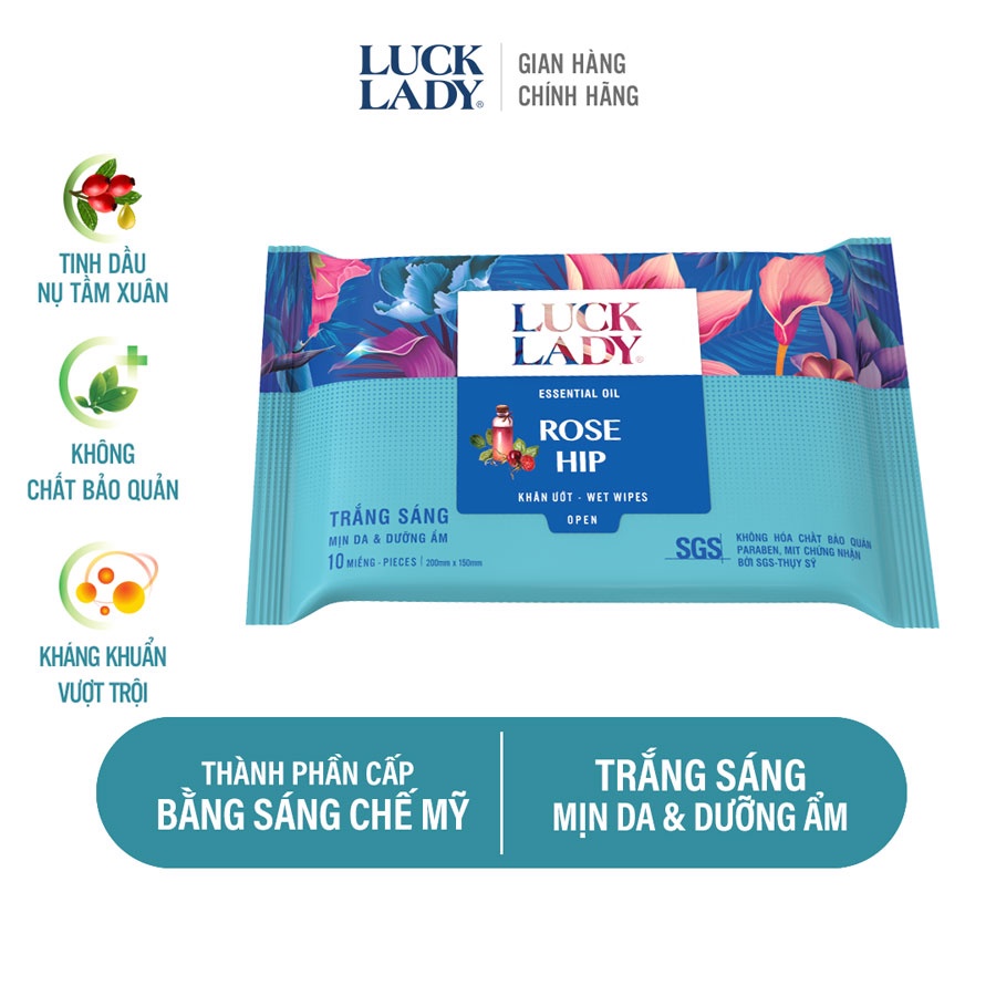 Khăn giấy ướt Lucky Lady Rose hip 10 tờ cho da trắng sáng, khỏe mạnh tinh dầu nụ tầm xuân