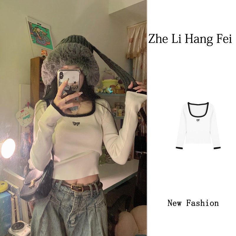 ZHELIHANGFEI Áo Dệt Kim Tay Dài Cổ Vuông Eo Cao Quyến Rũ Dễ Phối Đồ Hợp Thời Trang