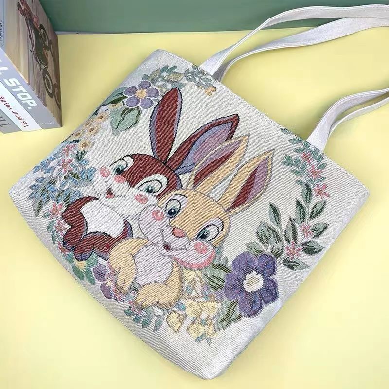 Túi Xách Đeo Vai Vải Bạt Hai Mặt Thêu Hình Thỏ Dễ Thương Có Khóa Kéo
