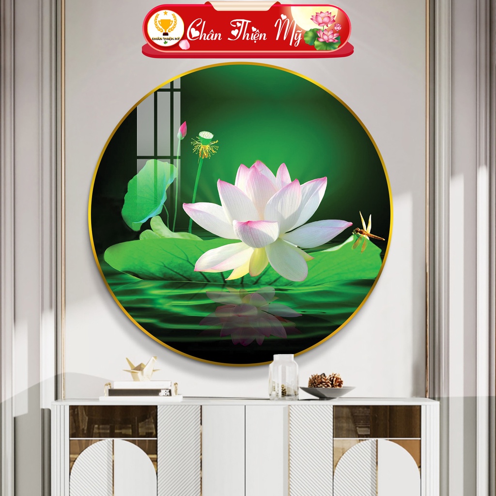 Tranh Tráng Gương Pha Lê Tròn CHÂN THIỆN MỸ, Decor Treo Tường Trang Trí Phòng Hoa Sen TG-T1-164