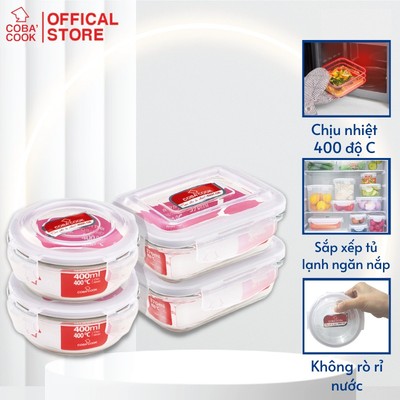 Bộ 4 hộp thủy tinh COBA'COOK 2 hộp chữ nhật 370ml và 2 hộp tròn 400ml -CCR4L34