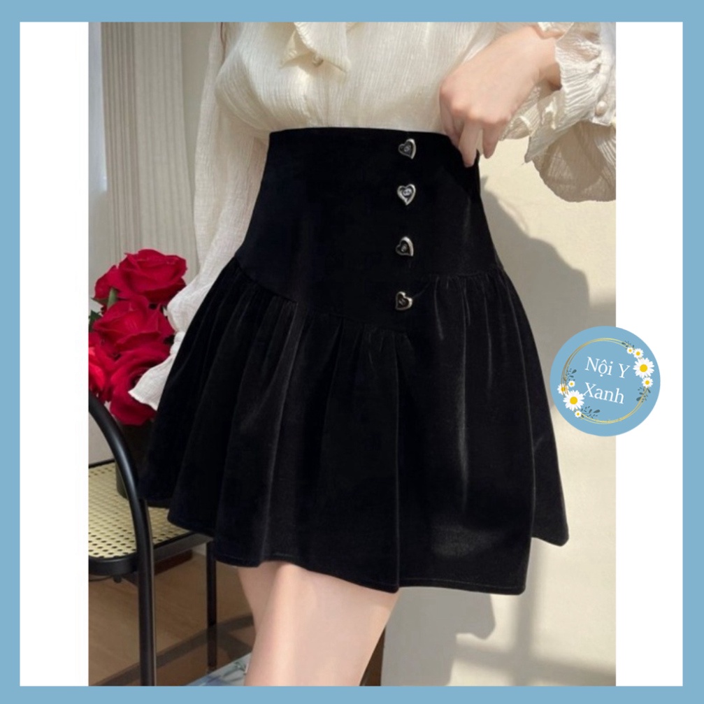 Chân váy nữ xòe nhung kèm theo khuy con tim hotrend xa hoa CV82 Nội Y Xanh hot trend thu đông ấm áp