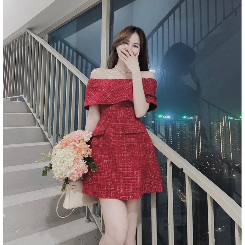 Váy dạ đỏ trễ vai nữ bo chun vai có nệm ngực