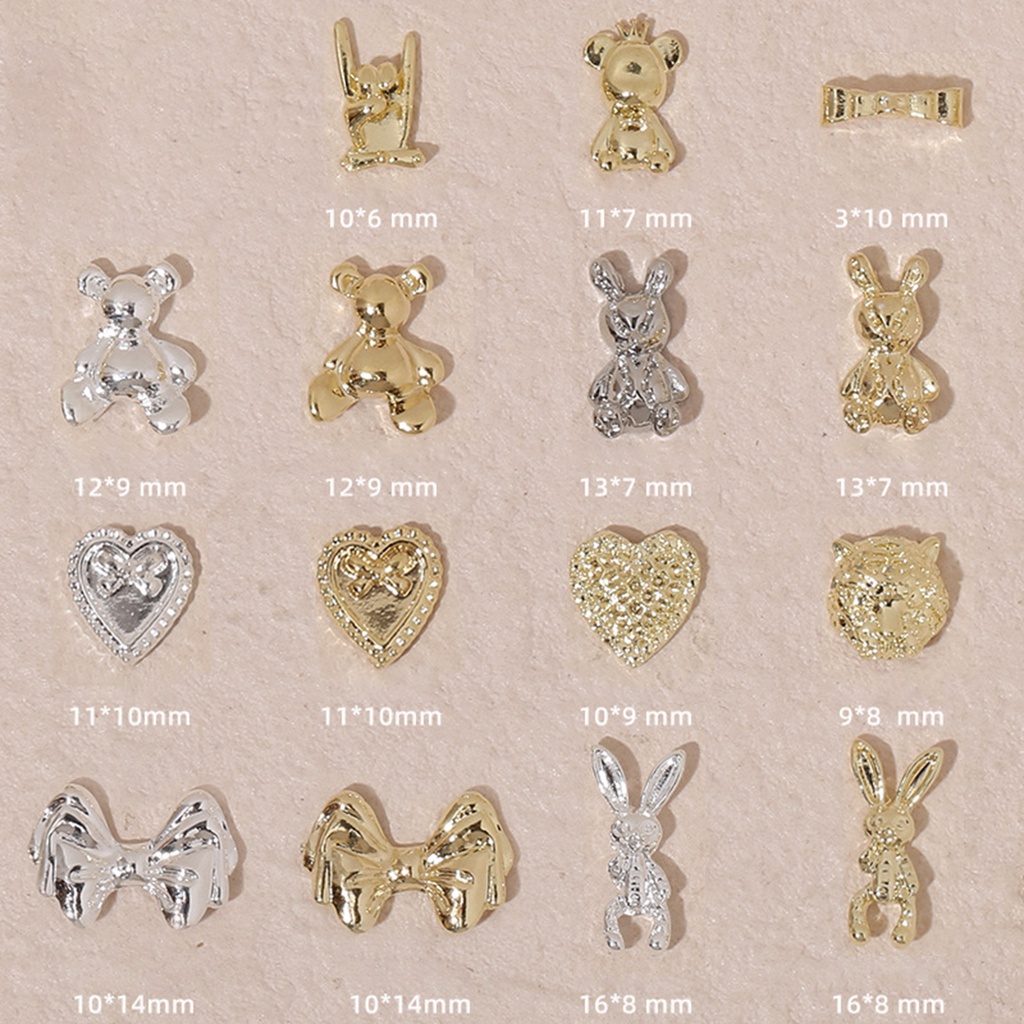 [beautymart] Set 10 Phụ Kiện Trang Trí Móng Tay Nghệ Thuật Hình Gấu Nơ Trái Tim Ba Chiều Không Rơi Bằng Hợp Kim