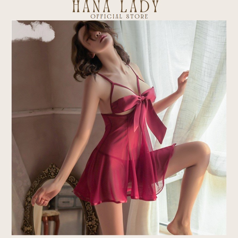 Váy ngủ 2 dây hở ngực chất voan lụa sang trọng quyến rũ phối lưới xuyên thấu sexy Hana Lady V504