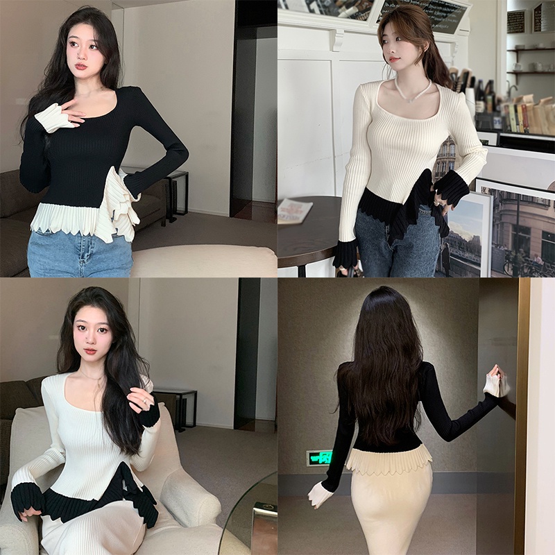 Áo Sweater Dệt Kim Tay Dài Cổ Vuông Phối Bèo Dễ Thương Cho Nữ