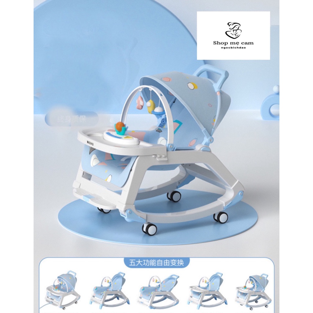 Ghế rung cao cấp cho bé bập bênh đa năng có bàn ăn dặm và bánh xe. Ghế ăn dặm