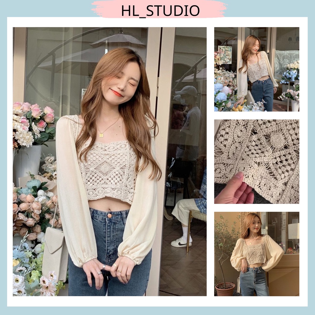 Áo dệt kim tay bèo nữ cổ vuông họa tiết không nút dài tay Vintage mix váy ngắn siêu xinh