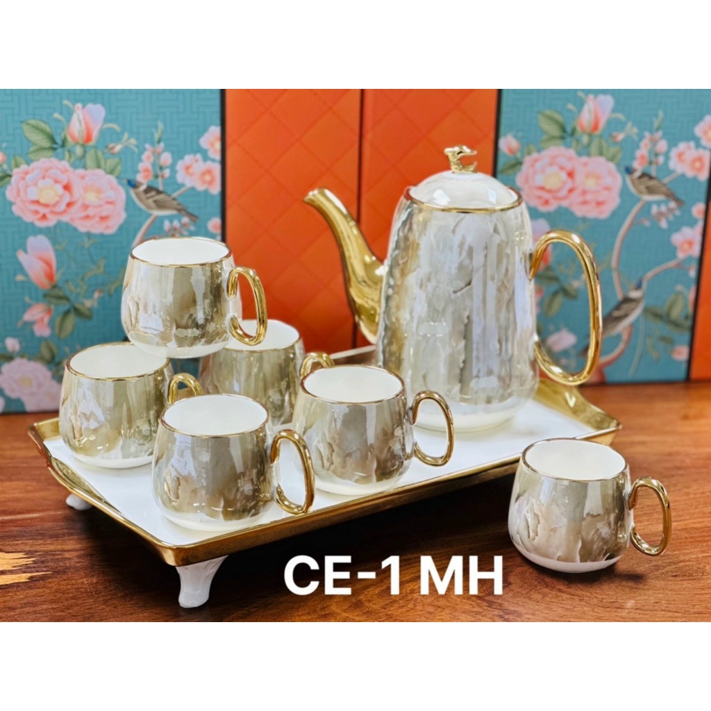BỘ ẤM CHÉN KÈM KHAY SỨ PHA TRÀ CÀ PHÊ VÂN ĐÁ SỌC VIỀN VÀNG, NẮP CÁ HEO, CÓ 3 PHÂN LOẠI ĐỂ KHÁCH LỰA CHỌN