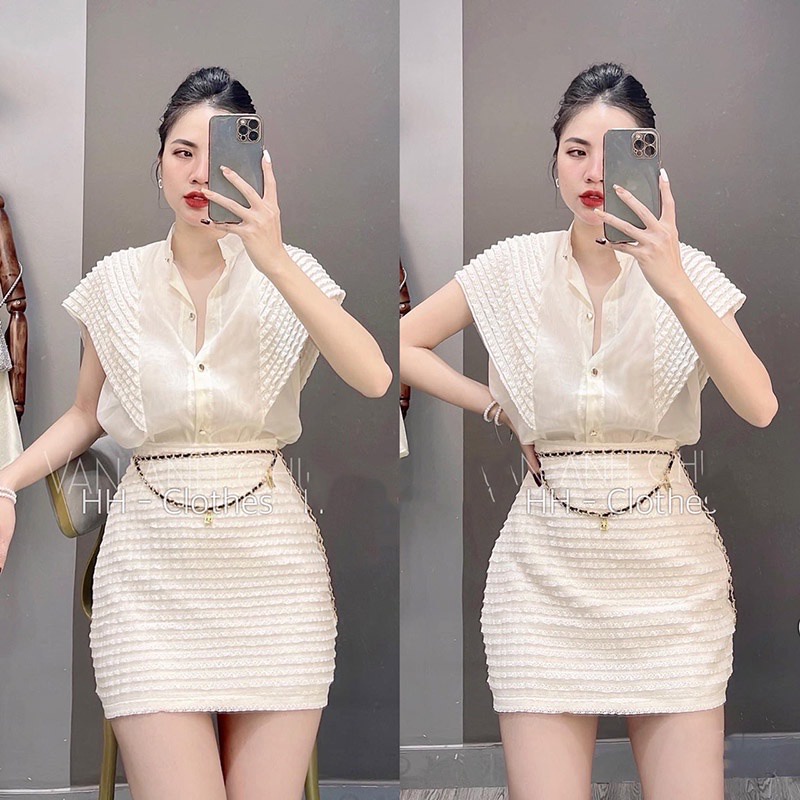 ￼Set bộ Áo sơmi cổ tàu cánh dơi mix chân váy ren nổi. Hàng thiết kế