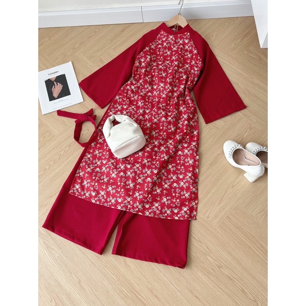 Áo dài hoa nhí phối tay khác màu kèm khăn turban