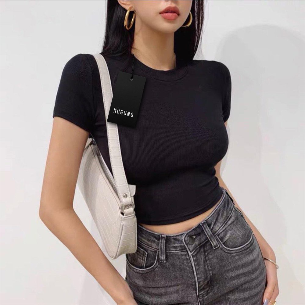 Áo croptop tay ngắn Mugung Croptop nữ cổ tròn chất liệu cotton A08