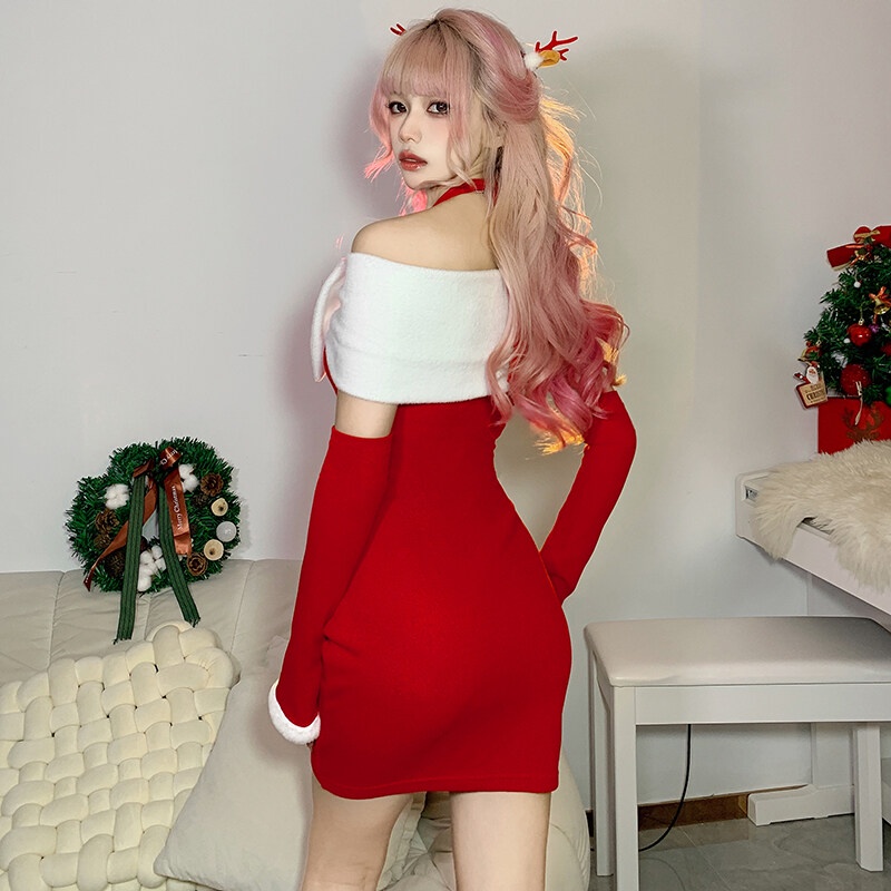 Đầm WEIRD PUSS mini ôm dáng thiết kế hở vai đính nơ phong cách Giáng Sinh năm mới thời trang dành cho nữ