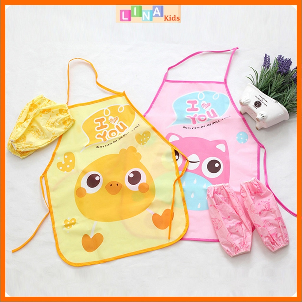 Tạp Dề Cho Bé, Tạp Dề Chống Thấm Kèm Ống Tay Cho Bé Tô, Vẽ, Chơi Đất Nặn, Giúp Mẹ Làm Việc Nhà - LINA Kids