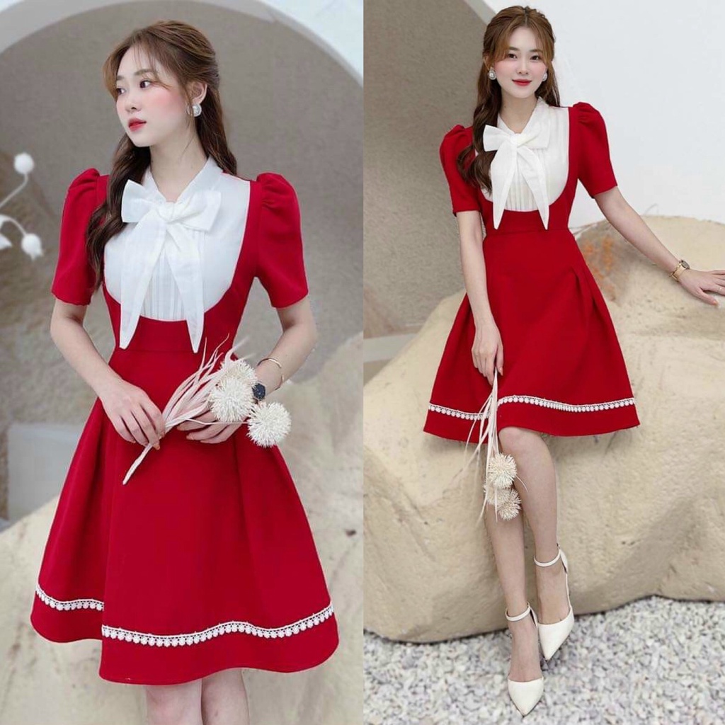 Đầm Váy Nữ Chất Vải Cotton Lạnh Dáng Xoè Chạy Viền Ren Phối Cổ Dập Ly Cột Nơ Thiết Kế Sang Chảnh Đi Làm Công Sở, Dạ Hội