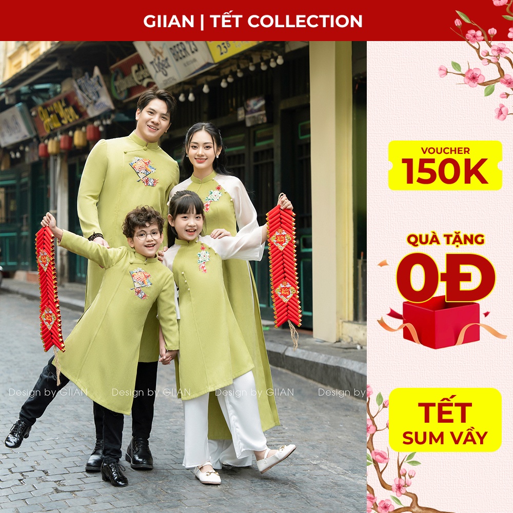 Áo dài tết gia đình 2023 cách tân thêu họa tiết thủ công chính hãng Giian - GAD476
