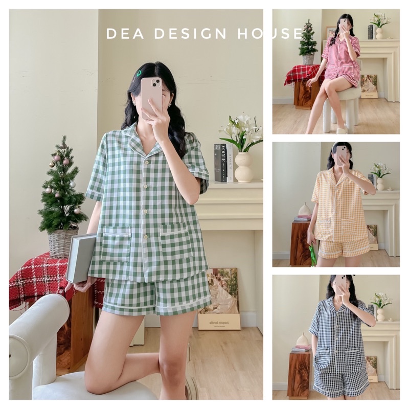 Pyjama caro 15 màu form rộng hình thật cao cấp tay lỡ quần cộc_Bộ ngủ nữ hàng thiết kế DeA Design House