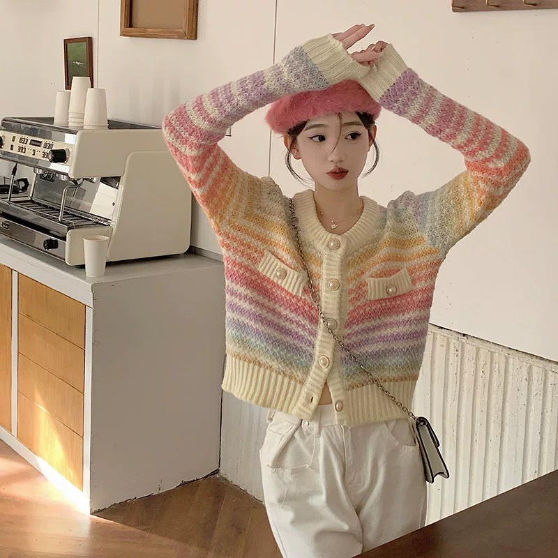 Áo Khoác Len Cầu Vồng Nút Ngọc LSEOUL K0339 Chất Dày Dặn Ngọt Ngào Nữ Tính