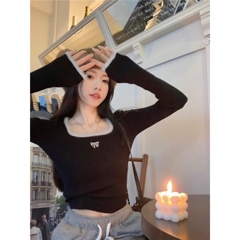 ZHELIHANGFEI Áo Dệt Kim Tay Dài Cổ Vuông Eo Cao Quyến Rũ Dễ Phối Đồ Hợp Thời Trang