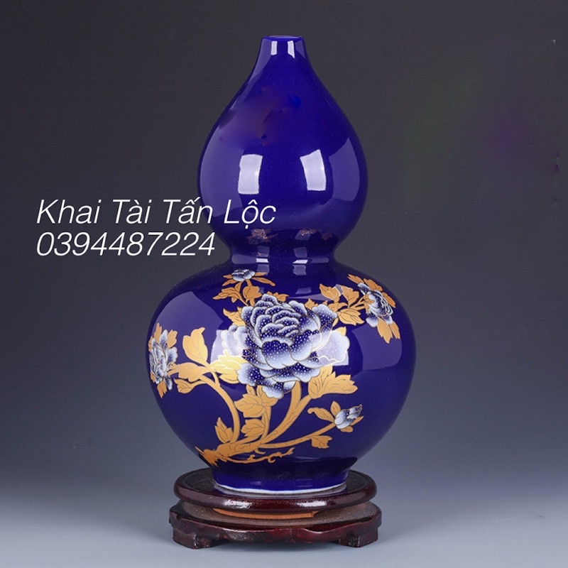 Bình hoa hồ lô gốm sứ vẽ mẫu đơn cao 24cm tặng đế gỗ