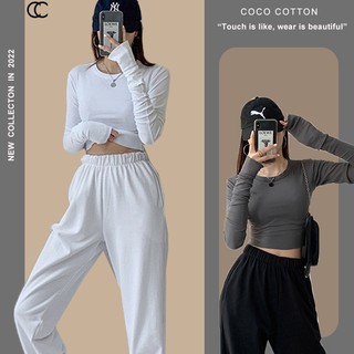 Áo croptop nữ thun tay dài COCOCOTTON cổ tròn CC07
