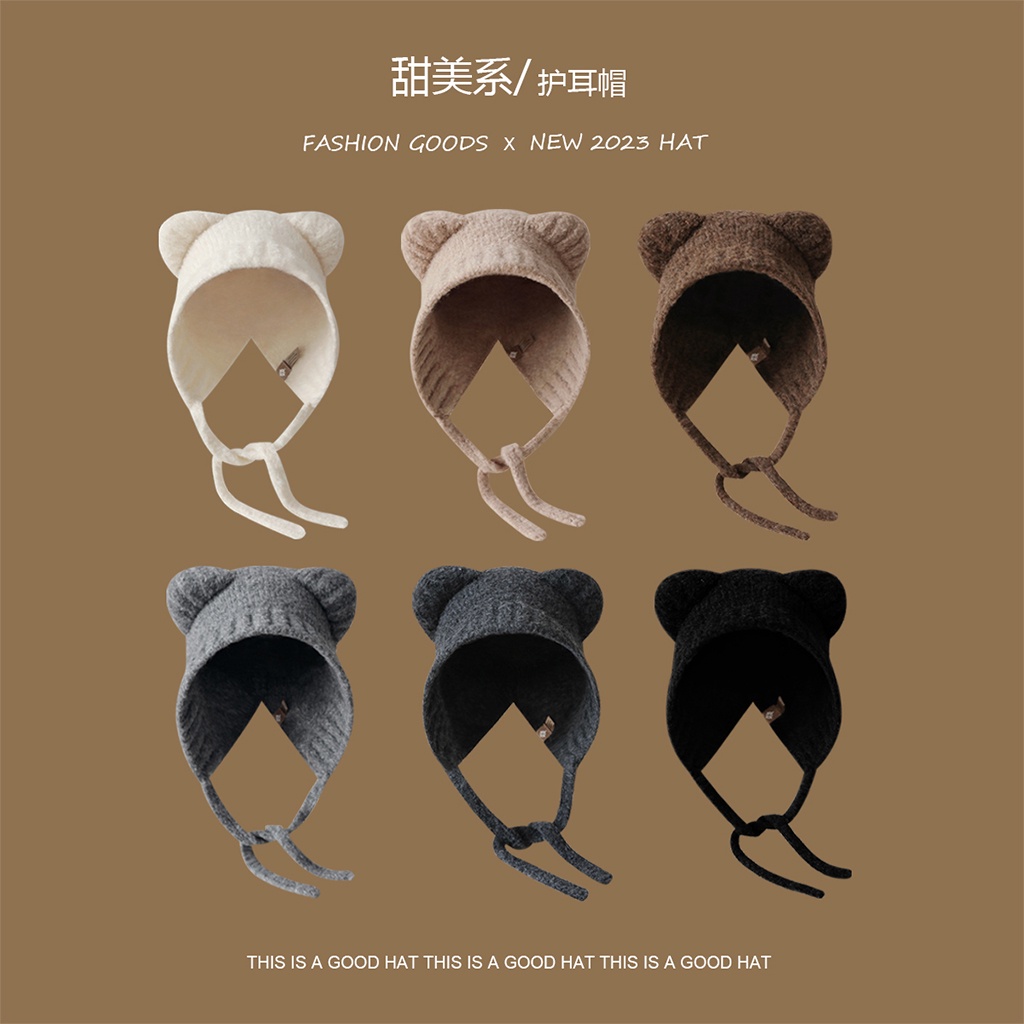 Mũ Len Dệt Kim Dày Dặn Đính Tai Gấu Dễ Thương Thời Trang Mùa Đông Cho Nữ