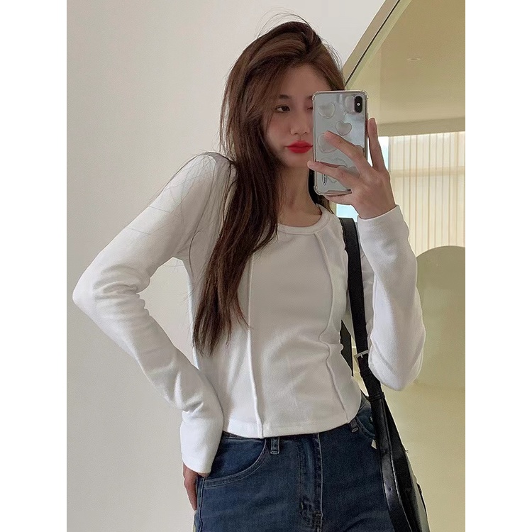 Áo Thun Tay Dài Cổ Vuông Màu Sắc Đơn Giản Phong Cách Hàn Quốc Cho Nữ