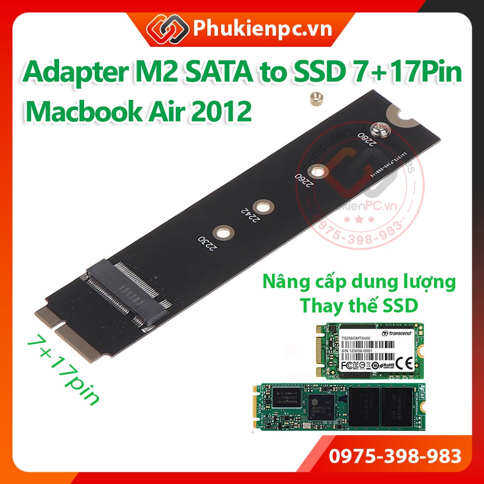 Adapter chuyển M.2 SATA sang SSD Macbook Air Retina 2012. Dùng Card M2 SATA to 7+17Pin SSD lắp ổ cứng M2 cho MacBook Air