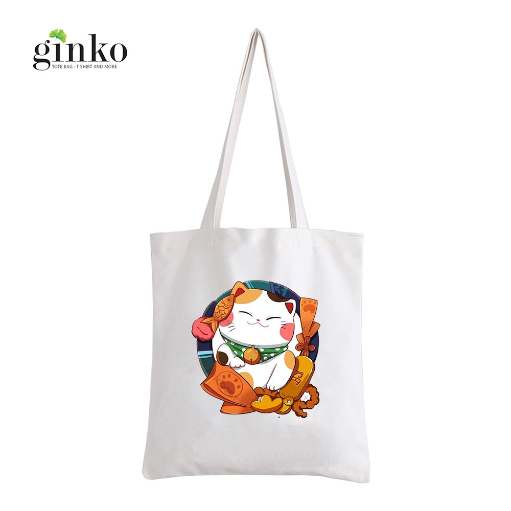 Túi Tote GINKO Vải Canvas  có dây kéo khóa (có túi con bên trong) In Hình Mèo Thần Tài Cute 2023-GK20