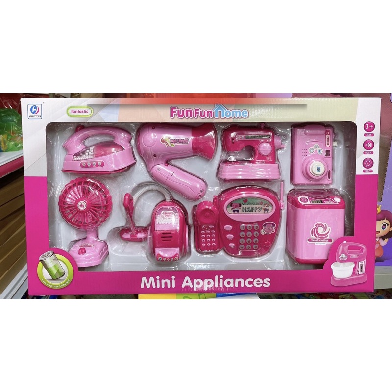 Set đồ chơi 8 món gồm quạt, máy sấy, máy giặt, máy ảnh, điện thoại, máy hút bụi đồ chơi cho bé gái