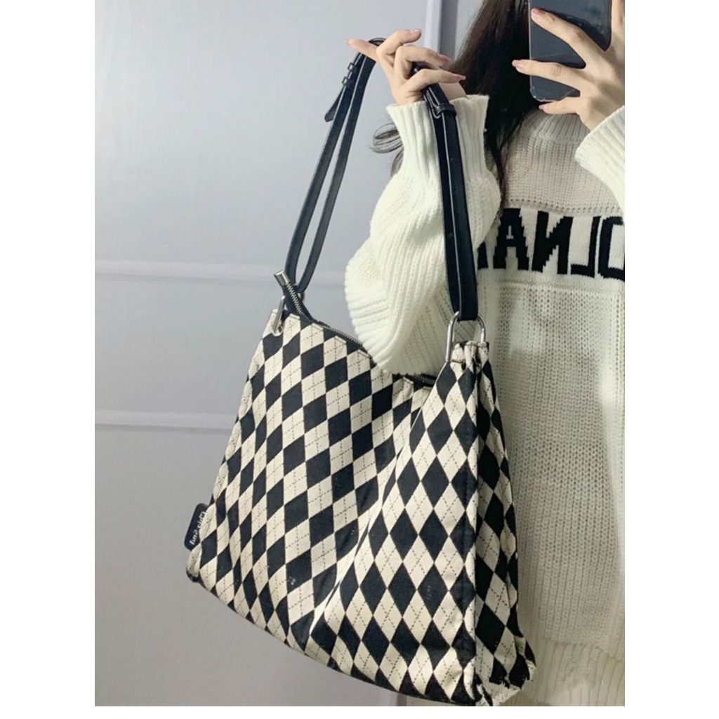 MISCHA Túi Xách Đeo Vai Kích Cỡ Lớn Họa Tiết Sọc Caro Trắng Đen Thời Trang Xu Hướng 2022 Cho Nữ