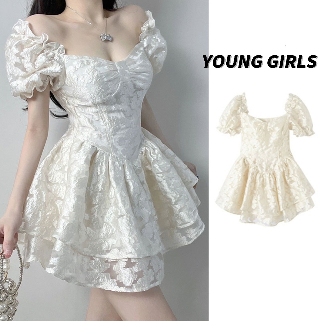 Váy babydoll Yanruxi / Đầm Công Chúa Tay Phồng Cổ Vuông Eo Hẹp Thời Trang Mùa Hè Cho Nữ