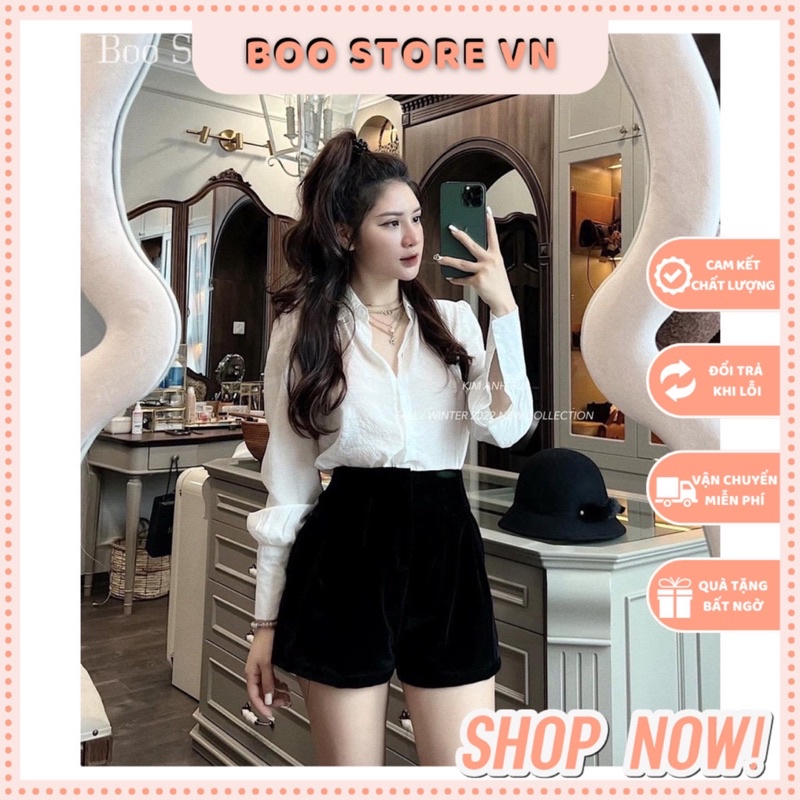 Quần Sooc Nhung Cạp Cao Tôn Dáng Hotgirl L1 Quần Short Đùi Nữ Chiết Ly Eo Màu Đen Cao Cấp