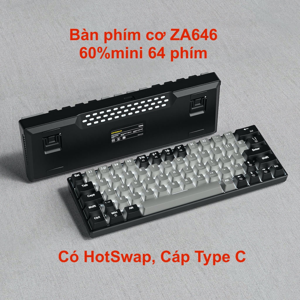 Bàn phím cơ ZA646 64 phím có HOTSWAP Switch RED led nền đơn màu trắng cáp rời Type C kích thước nhỏ gọn tiện dụng