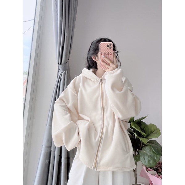 Áo khoác nữ nỉ bông khoá kéo, hoodie zip Banana dày dặn nón rộng, tay phồng