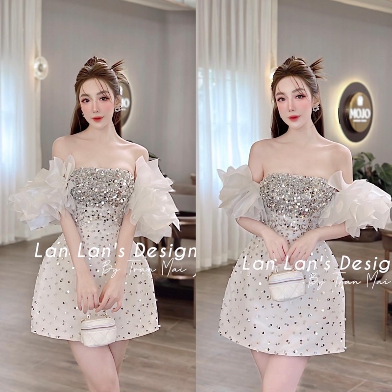 váy tiệc đính đá trễ vai bling