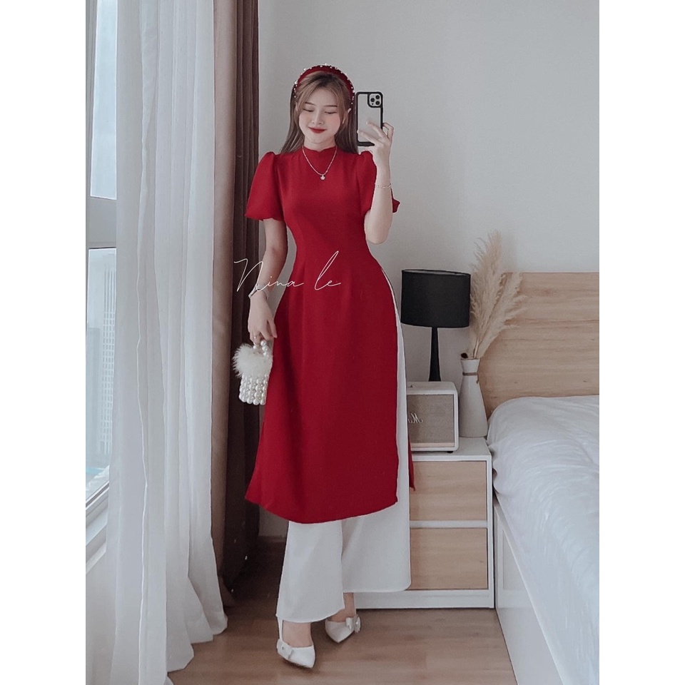 Set áo dài màu đỏ diện Tết, áo dài đỏ cổ tròn tay phồng chất đũi quần lụa trắng ống rộng mtb