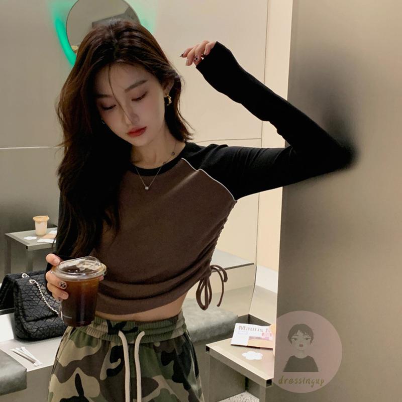 Áo Thun Tay Dài Cổ Tròn Dáng Ôm Phối Màu Tương Phản Thời Trang Cho Nữ