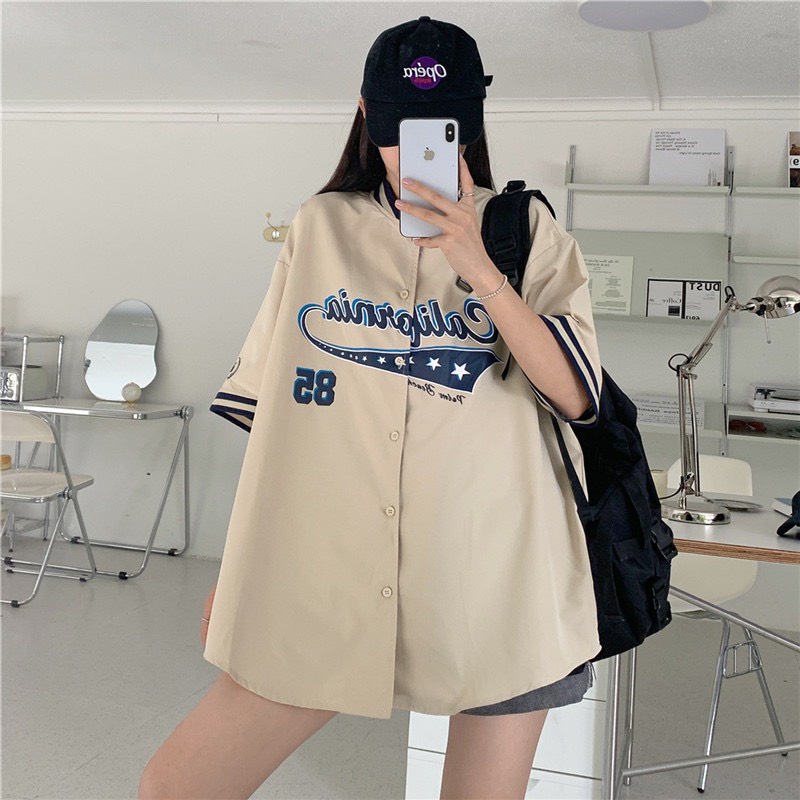Áo Bóng Chày Màu Be Đen A058 Áo sơ mi Chất thô lụa dầy đẹp from to, unisex nam nữ mặc được