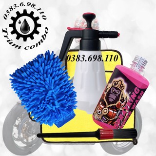 Combo Nước rửa xe bọt tuyết sprayking mẫu mới + bình tạo bọt cầm tay 2L kèm khăn vàng xám, cọ bút rửa xe, găng tay 2 mặt