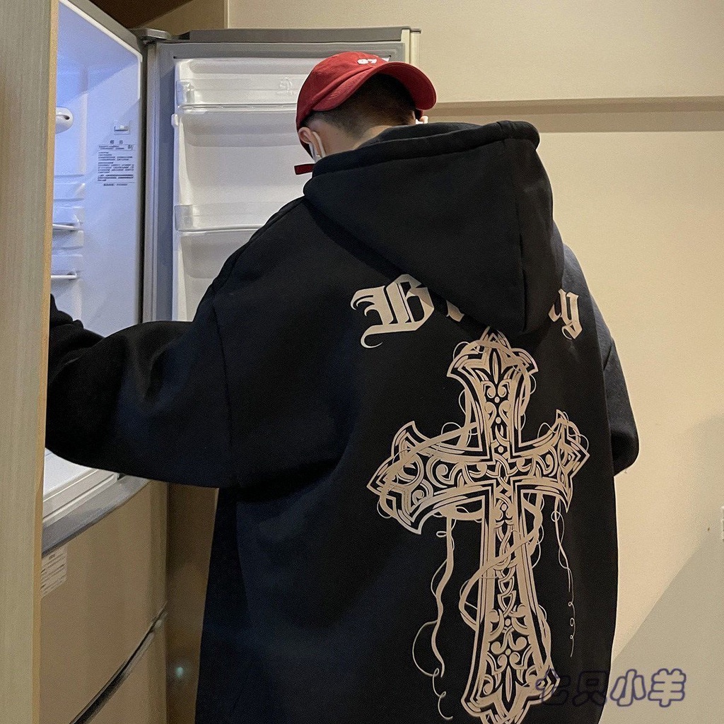 Áo nỉ bông chui đầu dáng rộng, có mũ áo hoodie in hình chữ thập hai mặt thích hợp cho cả nam và nữ