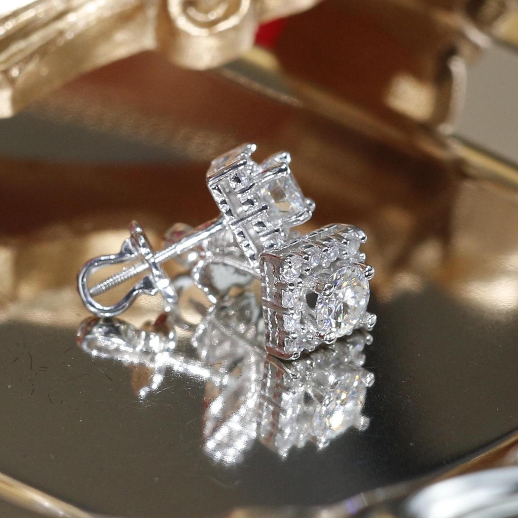 Khuyên Tai Xi Kim Vuông Viền Tấm Đá Moissanite KHJEM07 - Chốt Vặn