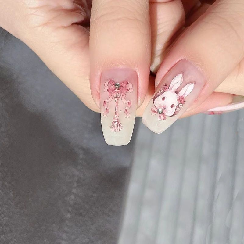 Mabao Nhãn Dán Móng Tay Tự Dính Không Thấm Nước Họa Tiết Hoạt Hình Thỏ Rococo Phong Cách Dân Tộc