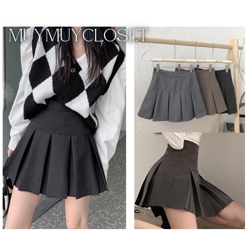 Chân Váy Xếp Ly Tennis bản to màu xám đen trắng cạp cao Hàn Quốc MUYMUY