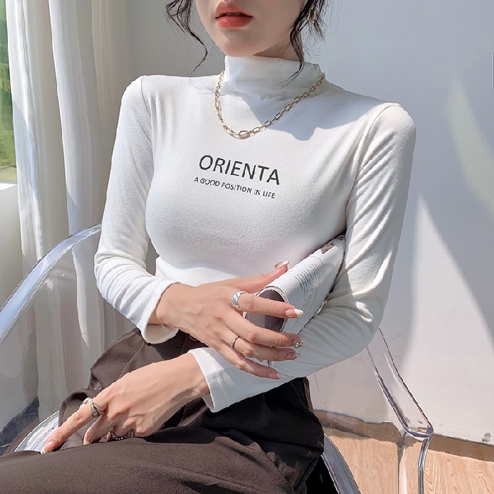 Áo Thun Nữ Dài Tay Cổ Cao In Chữ