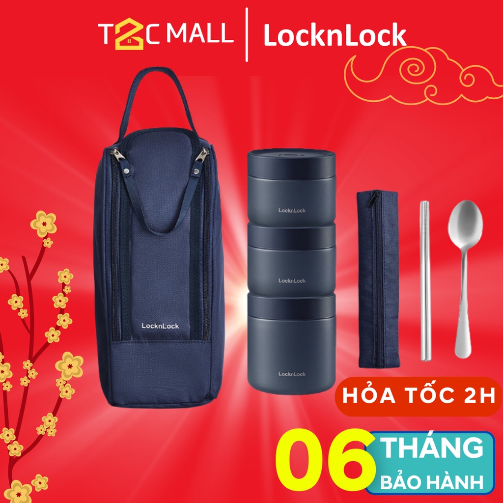 Bộ Hộp Cơm Giữ Nhiệt 3 Ngăn Kèm Túi Thìa Muỗng Pump Vacuum Lunch Box LocknLock LHC8052S01 - T2Cmall
