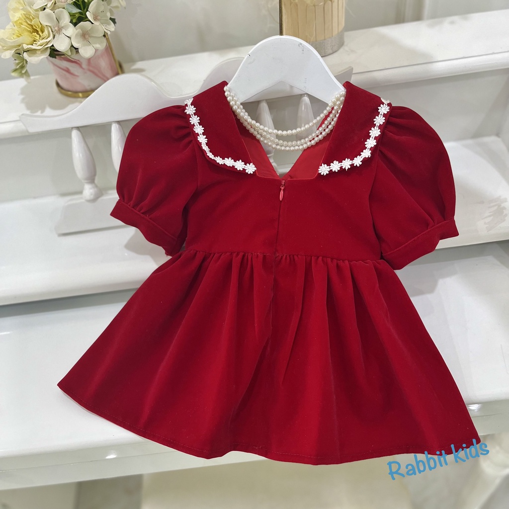 Váy Bé Gái Size Đại 8-40kg💝FREESHIP💝 Rabbit Kids-Đầm Nhung Đỏ Chuỗi Ngọc Trẻ Em 1,2,3,4,5,6,7,8,9,10 tuổi