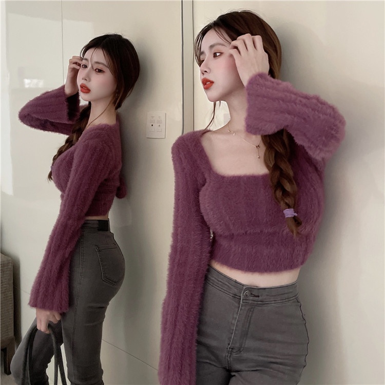 QADCOL Áo sweater Lông Chồn Cổ Vuông Thấp Mềm Mại Dày Dặn Thời Trang Thu Đông Cho Nữ